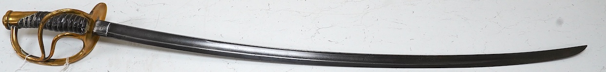 An 1865 American cavalry trooper’s sword, marked ‘US 1865 AGM’ made by C. Roby, Chelmsford Massachusetts, blade 88.5cm. Condition - fair to good